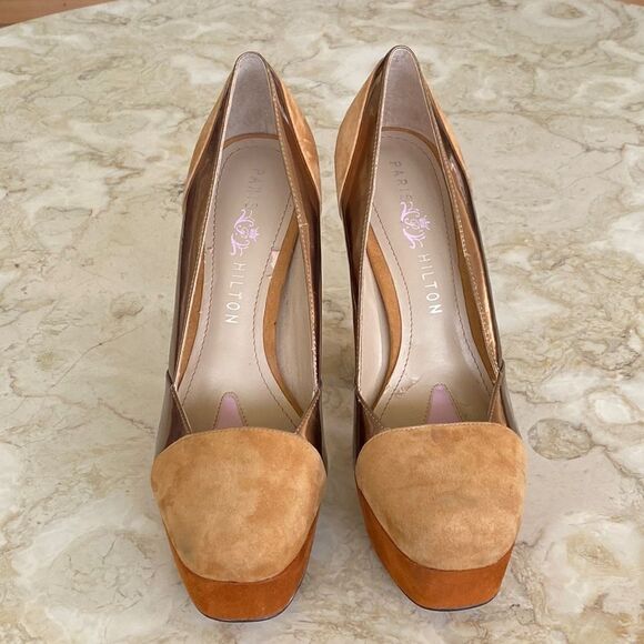 Paris Hilton Rebecca Camel Suede/Copper/Tan Leather Platform Pumps - Picture 3 of 13